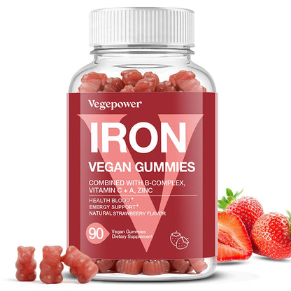 Iron Gummies for Women & Kids - Vegan Multivitamin with Vitamin C - Strawberry
