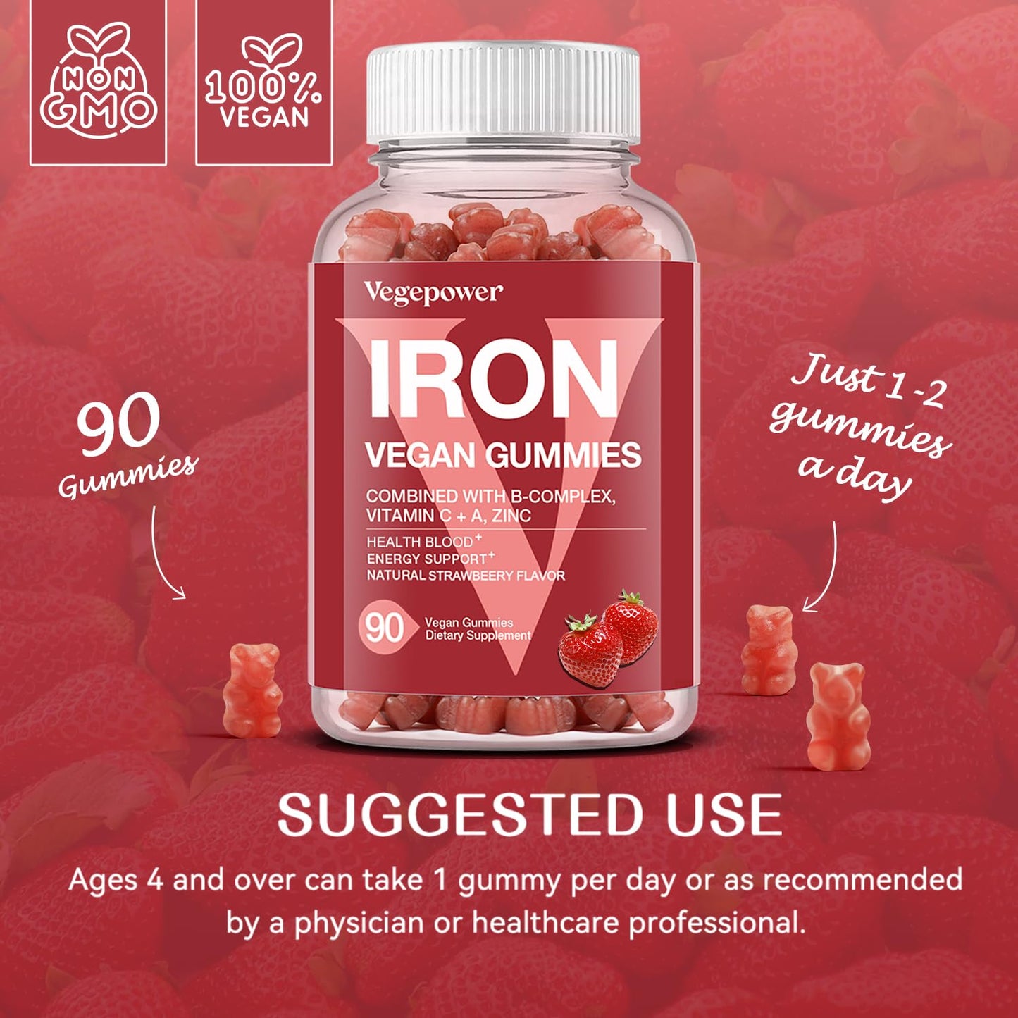 Iron Gummies for Women & Kids - Vegan Multivitamin with Vitamin C - Strawberry