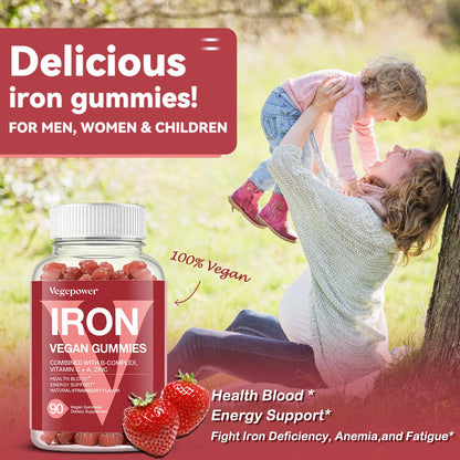 Iron Gummies for Women & Kids - Vegan Multivitamin with Vitamin C - Strawberry