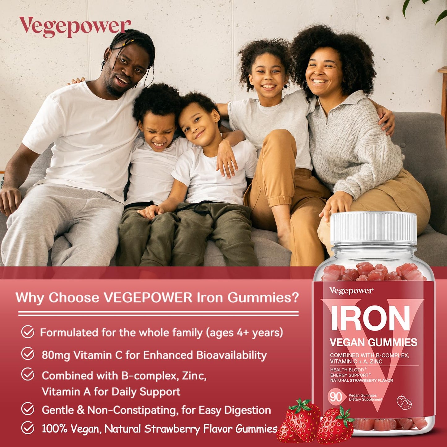 Iron Gummies for Women & Kids - Vegan Multivitamin with Vitamin C - Strawberry