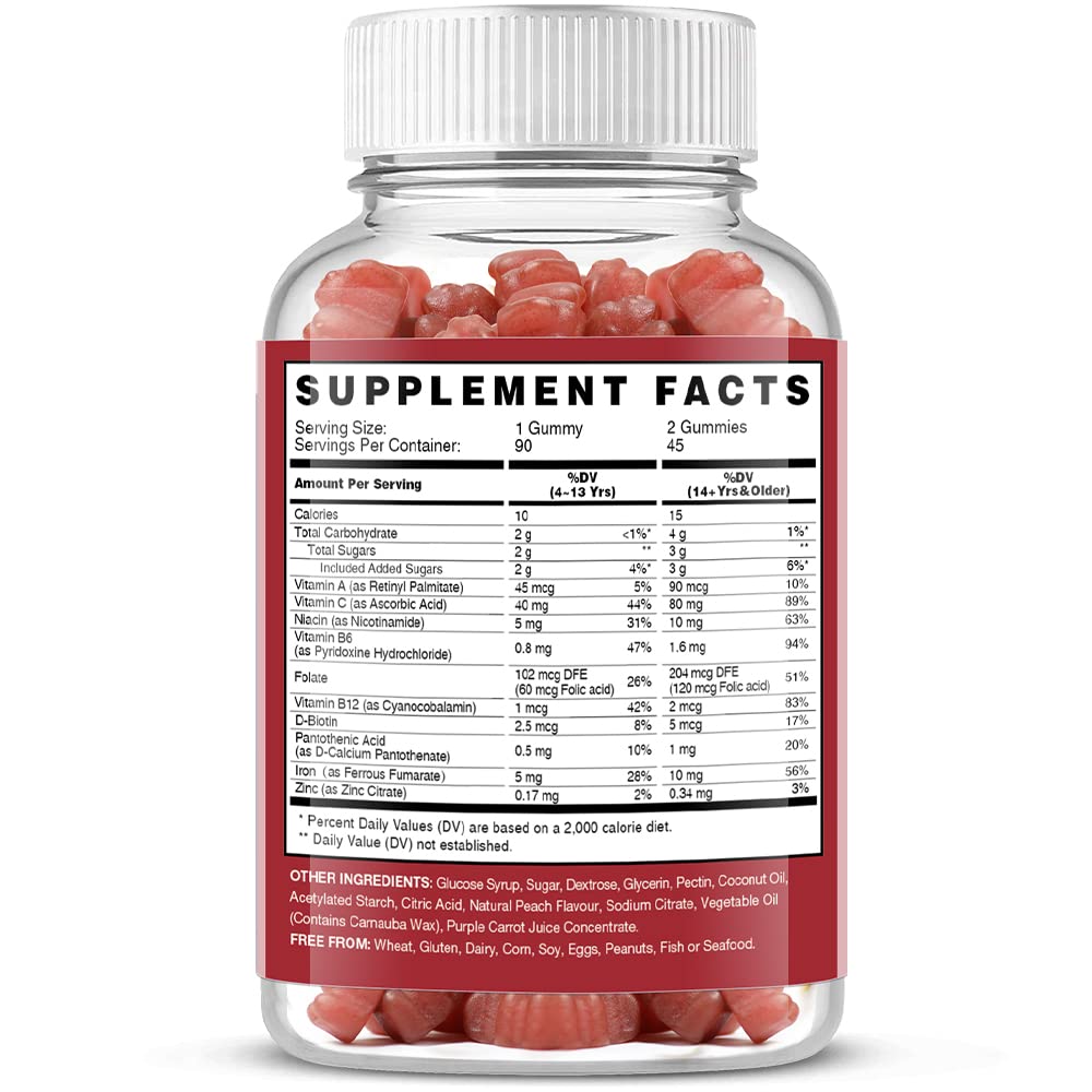Iron Gummies for Women & Kids - Vegan Multivitamin with Vitamin C - Strawberry