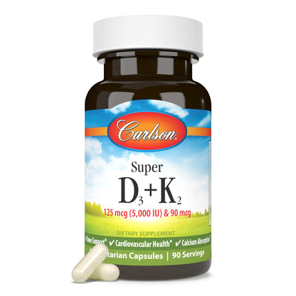 Carlson Super D3 + K2: Vitamin D3 5000 IU & K2 MK-7, 90 Veg Capsules