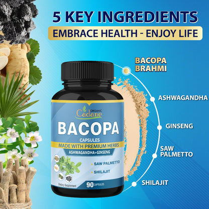 Organic Bacopa Monnieri Supplement with Ashwagandha, Ginseng, Saw Palmetto & Shilajit - 90 Capsules (3-Month Supply)