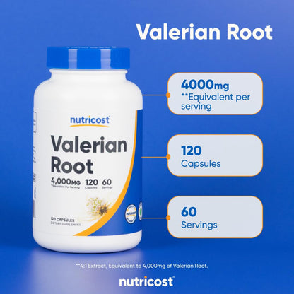 Nutricost Valerian Root Capsules (1000mg per Serving, 4:1 Extract) – 120 Vegetarian Capsules, Gluten Free, Non-GMO