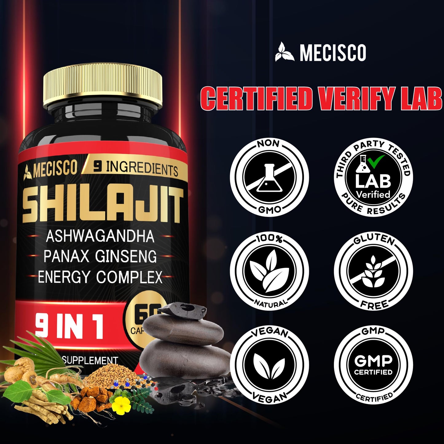 Shilajit Supplement with Ashwagandha, Ginseng, L-Arginine & Chaga - 60 Capsules | Shilajit Pure Himalayan Organic