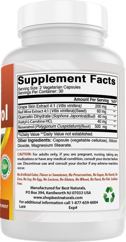 Best Naturals Resveratrol Complex 500 mg – 120 Veg Capsules (Gluten Free, Non-GMO)