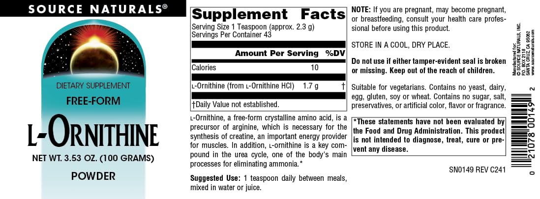Source Naturals L-Ornithine Free-Form Amino Acid Powder for Muscle Support - 100 Grams