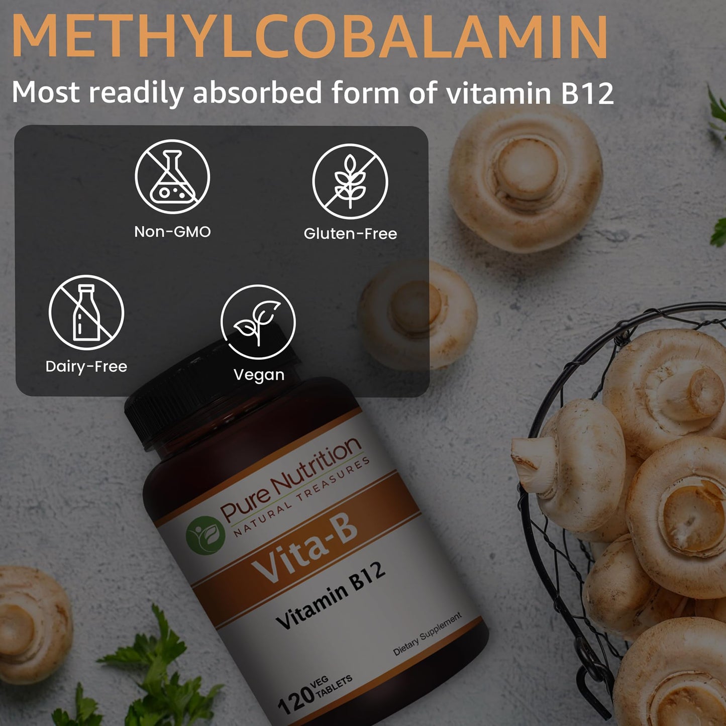 Pure Nutrition Vitamin B12 1500mcg Methylcobalamin | 120 Veg Tabs | Non-GMO