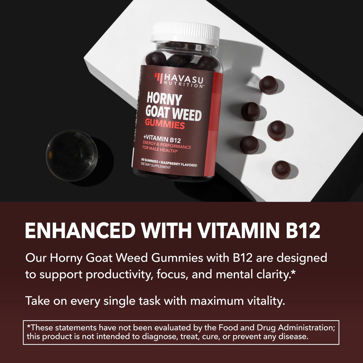 Horny Goat Weed Gummies with Vitamin B12 - Energy & Endurance Support for Men (30 Count) Raspberry