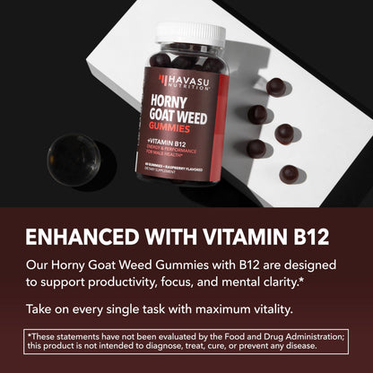 Horny Goat Weed Gummies with Vitamin B12 - Energy & Endurance Support for Men (30 Count) Raspberry