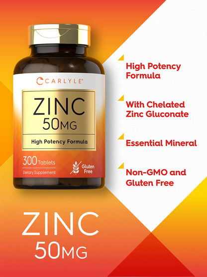 Carlyle Zinc 50mg – 300 Tablets | Vegetarian, Non-GMO, Gluten Free | Zinc Gluconate | High Potency