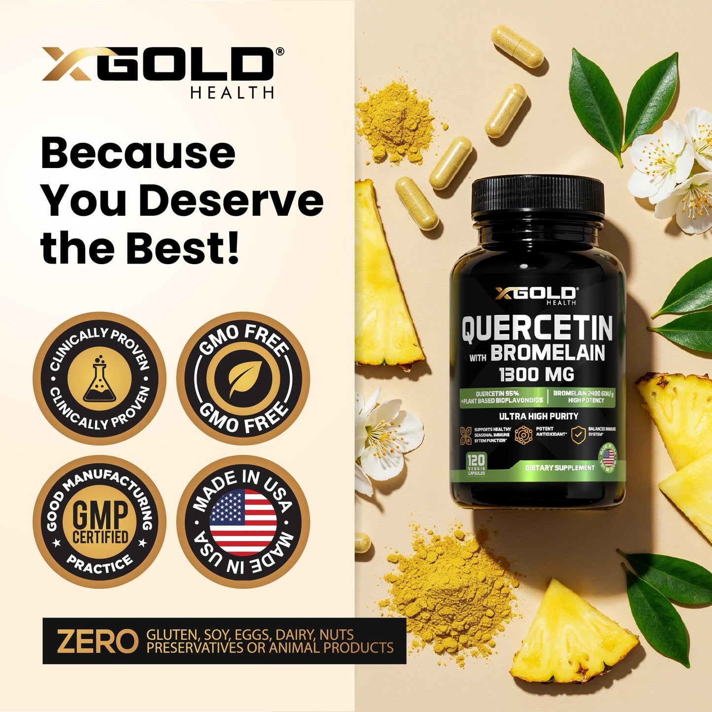 Quercetin + Bromelain 1300mg – 95% Quercetin, 2400 GDU/g Bromelain | Made in USA | 120 Caps