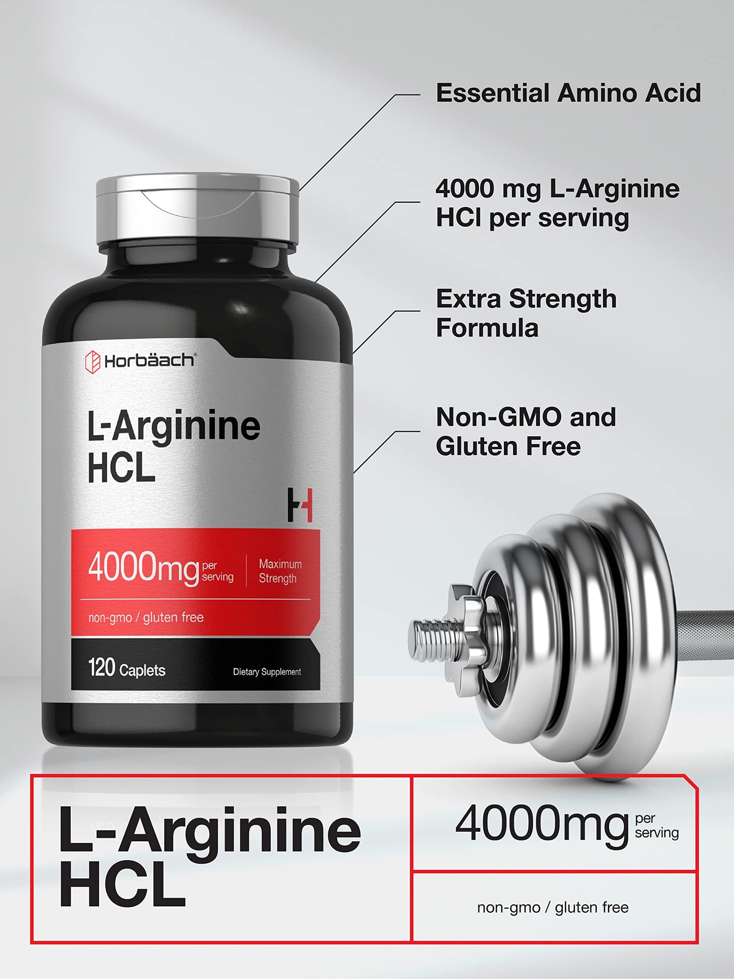 Horbäach L-Arginine 4000mg – 120 Caplets | Nitric Oxide Precursor for Men & Women | Vegetarian, Non-GMO, Gluten Free