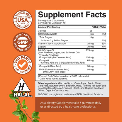 Vegetarian Omega 3-6-9 Gummies for Adults - Plant-Based DHA 3-6-9 | Burpless & Fish Free