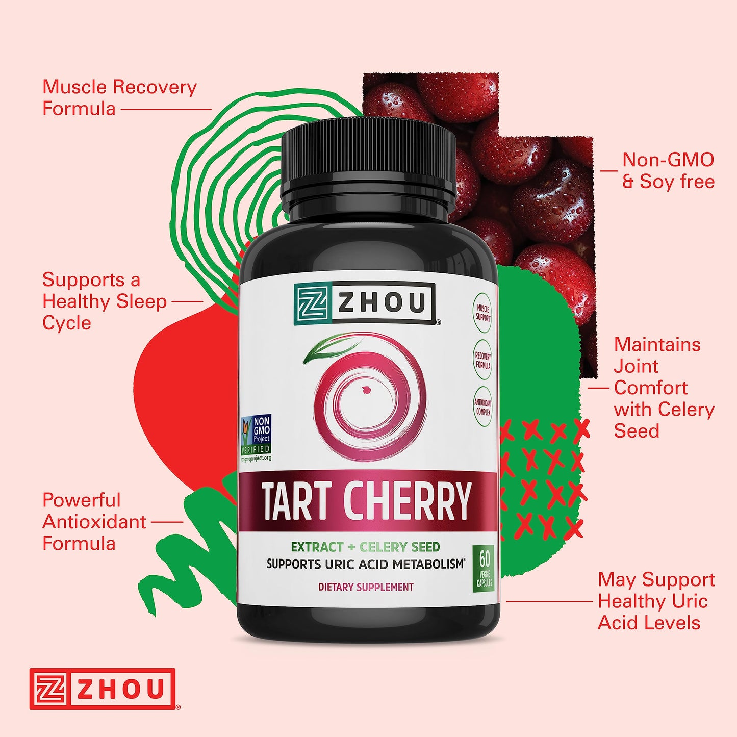 Zhou Tart Cherry + Celery Seed: 1000mg, Sleep & Joint Support | 60 Veggie Capsules