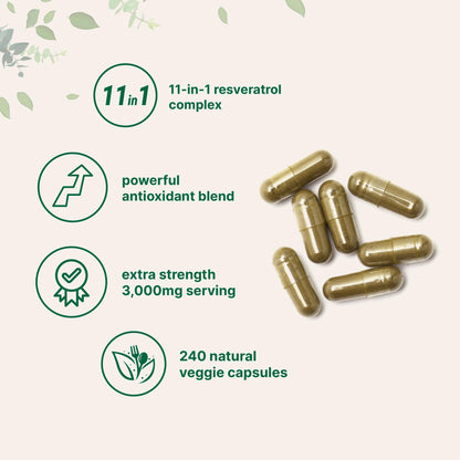 Resveratrol NAD 3,000mg – 240 Veggie Caps | NMNH 11-in-1 Antioxidant Blend