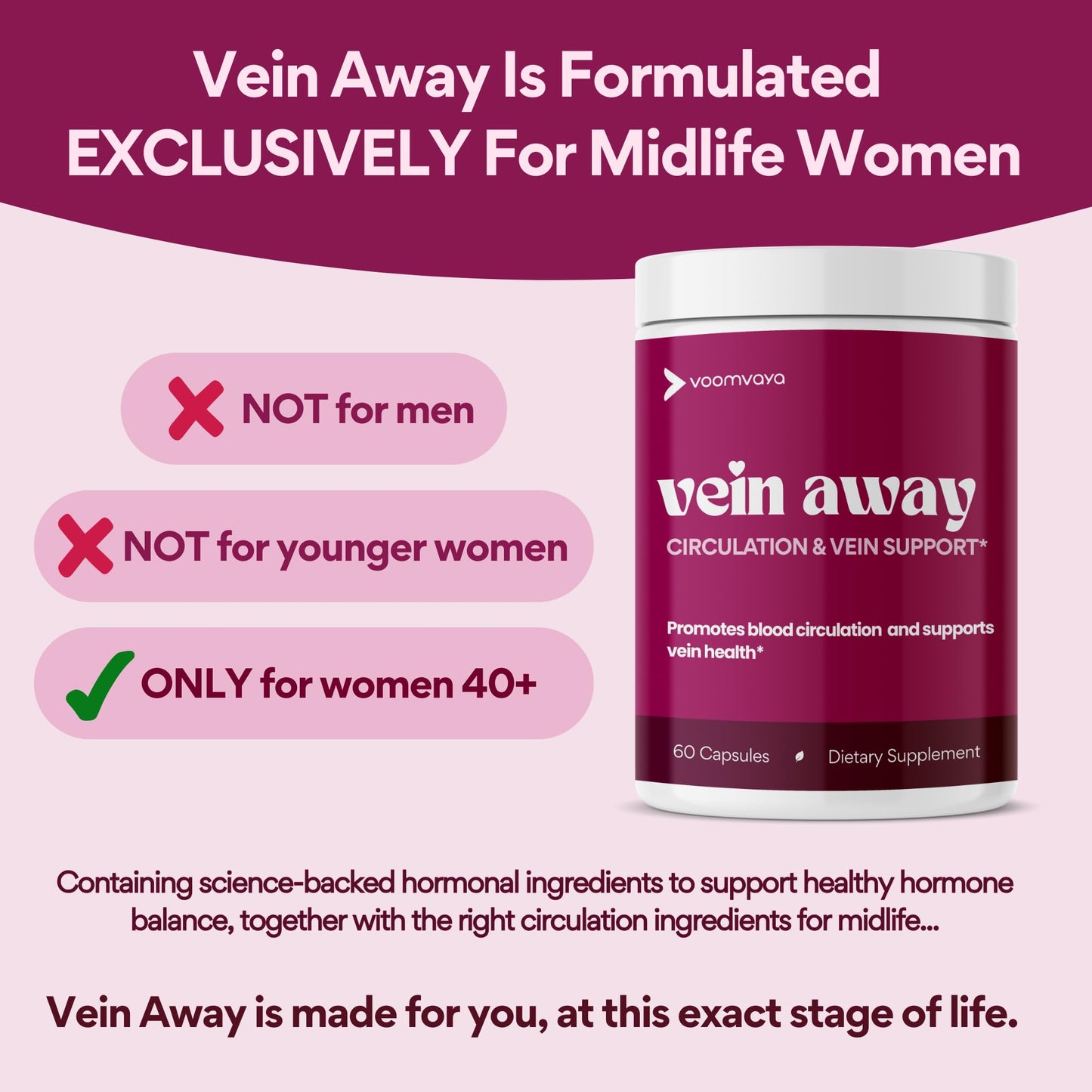 VoomVaya Vein Away – Vein Support & Circulation for Women 40+ | 60 Capsules