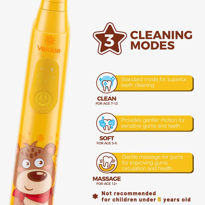 Vekkia Sonic Rechargeable Kids Electric Toothbrush – 3 Modes, IPX7 Waterproof, 24000 Strokes, 2-Min Timer
