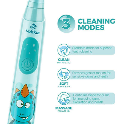 Vekkia Sonic Kids Electric Toothbrush – 3 Modes with Memory, IPX7, 2-Min Timer