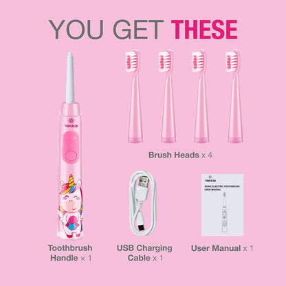 Vekkia Kids Sonic Toothbrush – 3 Modes, Memory, 2-Min Timer, Pink