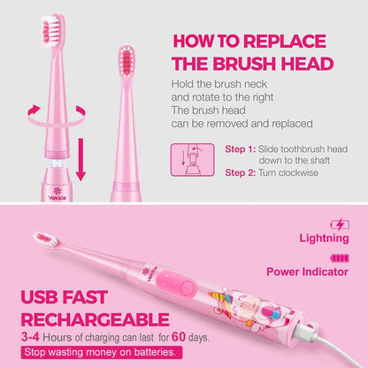 Vekkia Kids Sonic Toothbrush – 3 Modes, Memory, 2-Min Timer, Pink