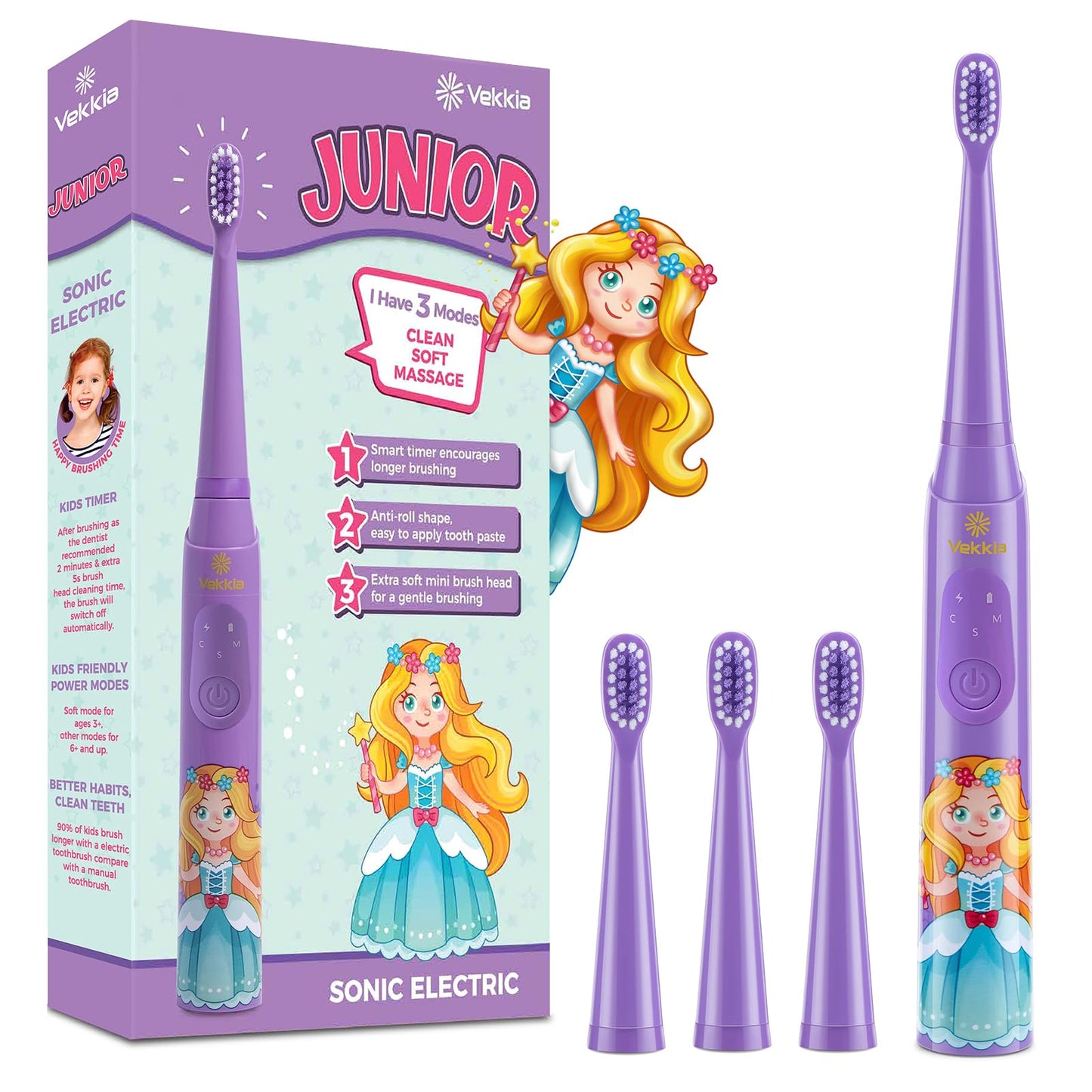 Vekkia Sonic Kids Electric Toothbrush – 3 Modes, 24000 Strokes, IPX7 Waterproof