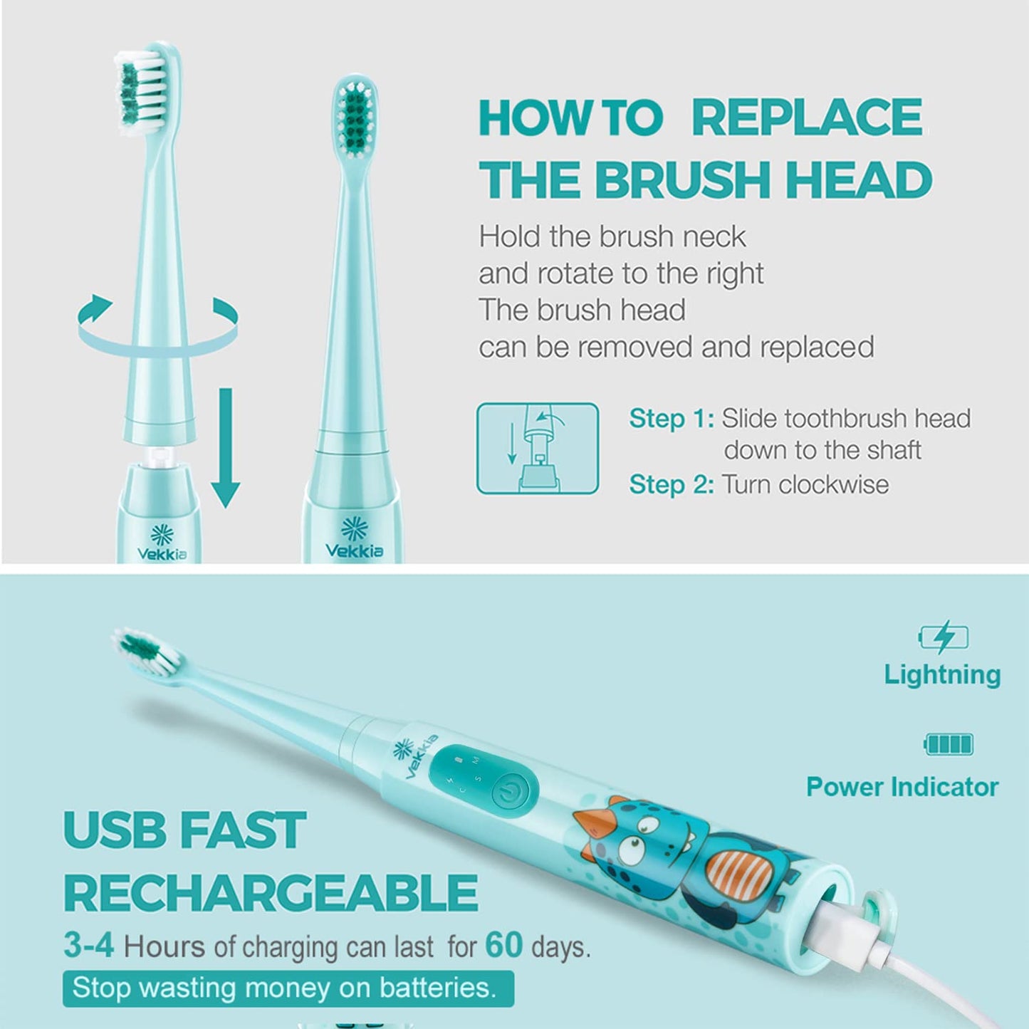 Vekkia Sonic Kids Electric Toothbrush – 3 Modes with Memory, IPX7, 2-Min Timer