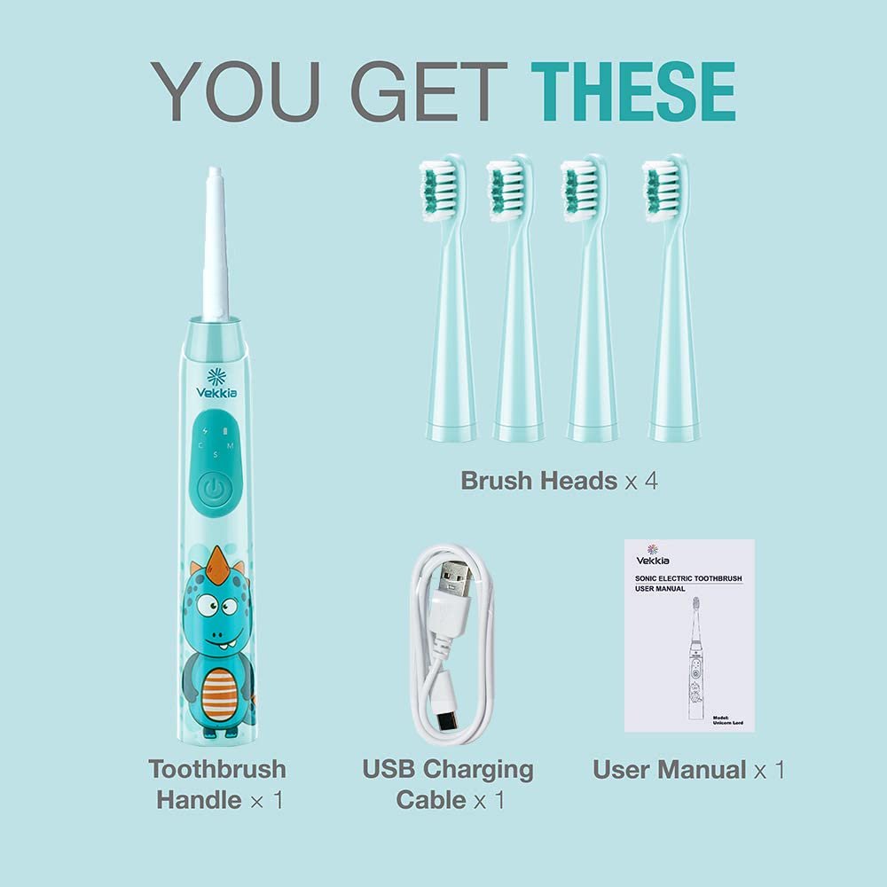 Vekkia Sonic Kids Electric Toothbrush – 3 Modes with Memory, IPX7, 2-Min Timer