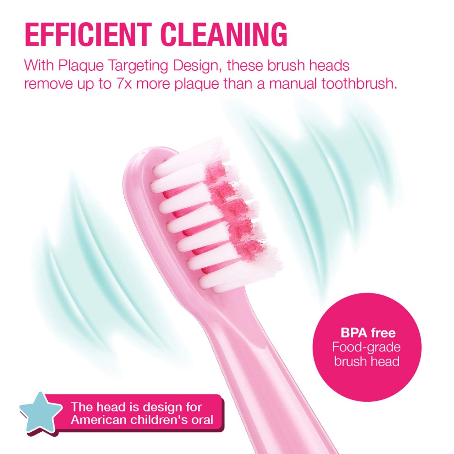 Vekkia Sonic Kids Replacement Heads - Pink 4 Pack, 7x Plaque Removal