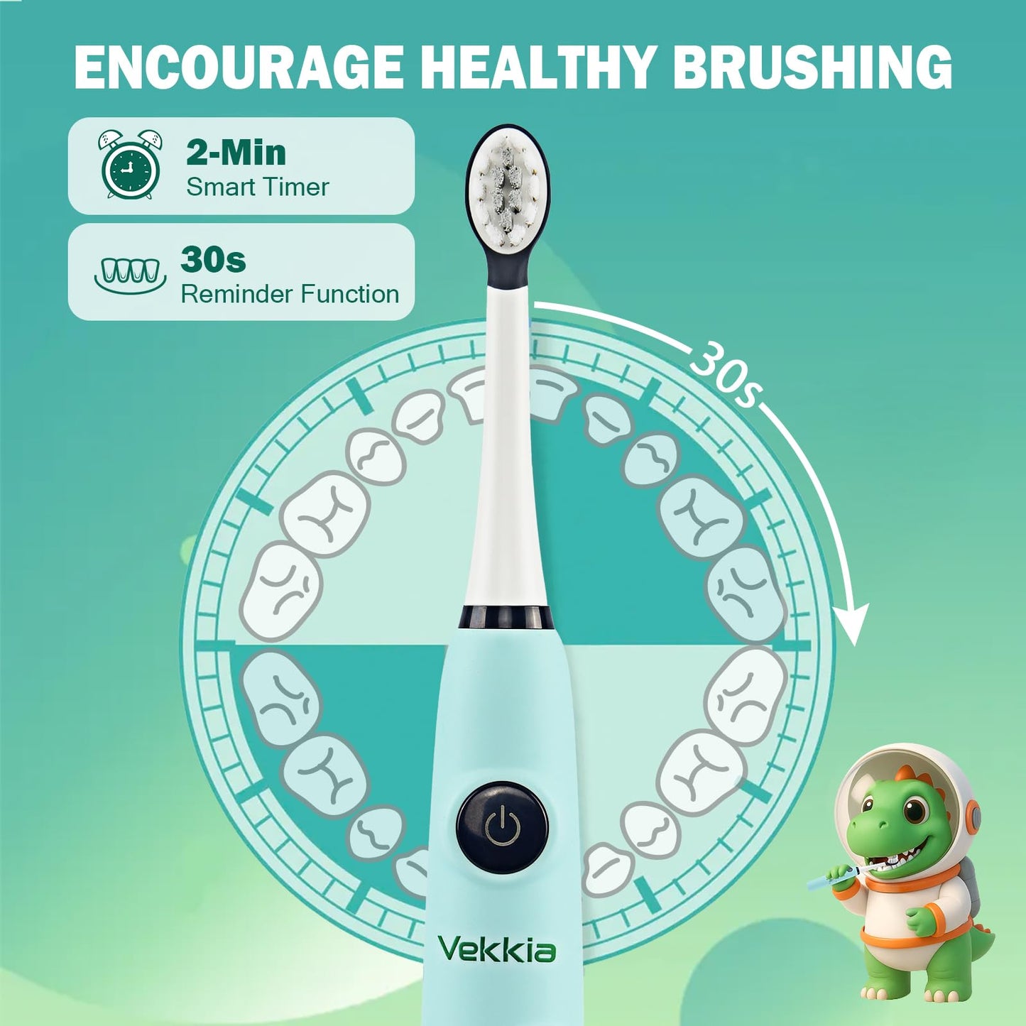 Vekkia Sonic Kids Electric Toothbrush 5-12+ | 2-Min Timer, 3 Modes, 35,000 VPM, IPX8
