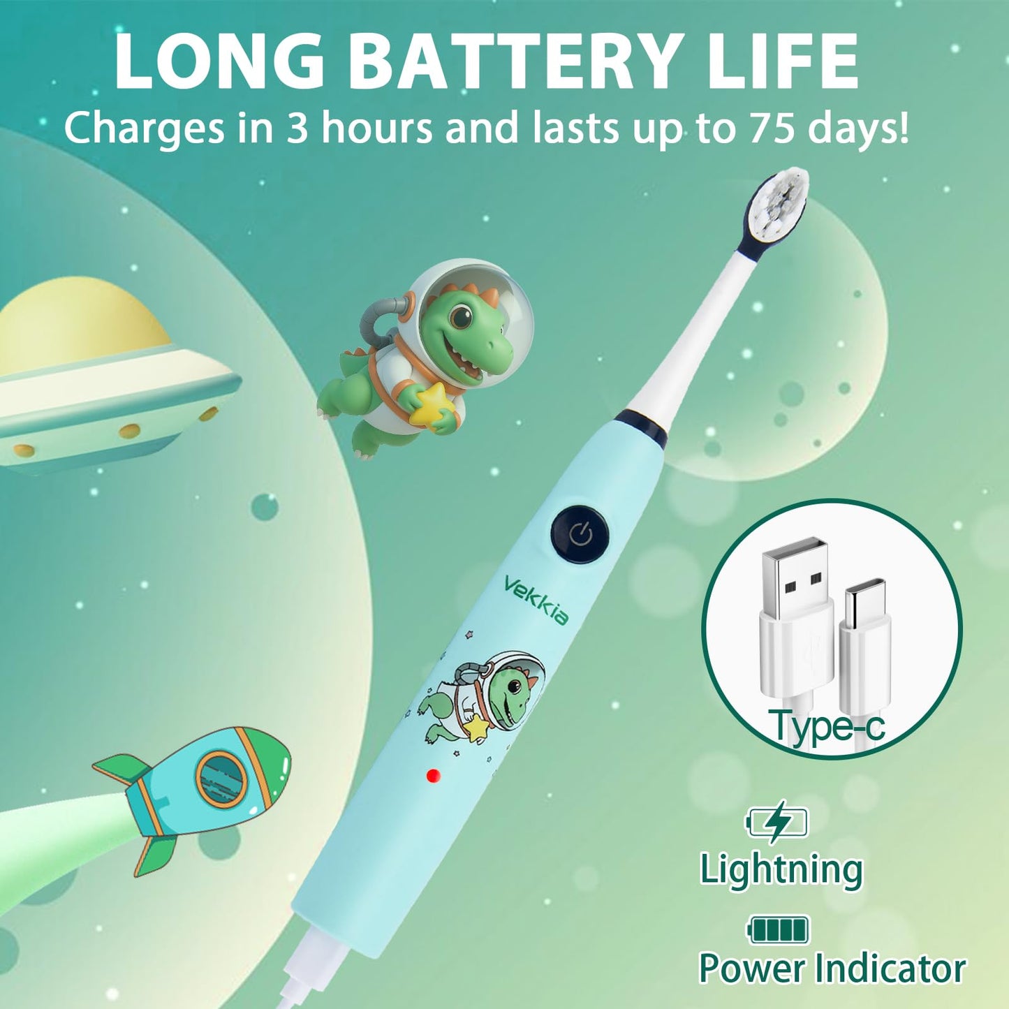 Vekkia Sonic Kids Electric Toothbrush 5-12+ | 2-Min Timer, 3 Modes, 35,000 VPM, IPX8