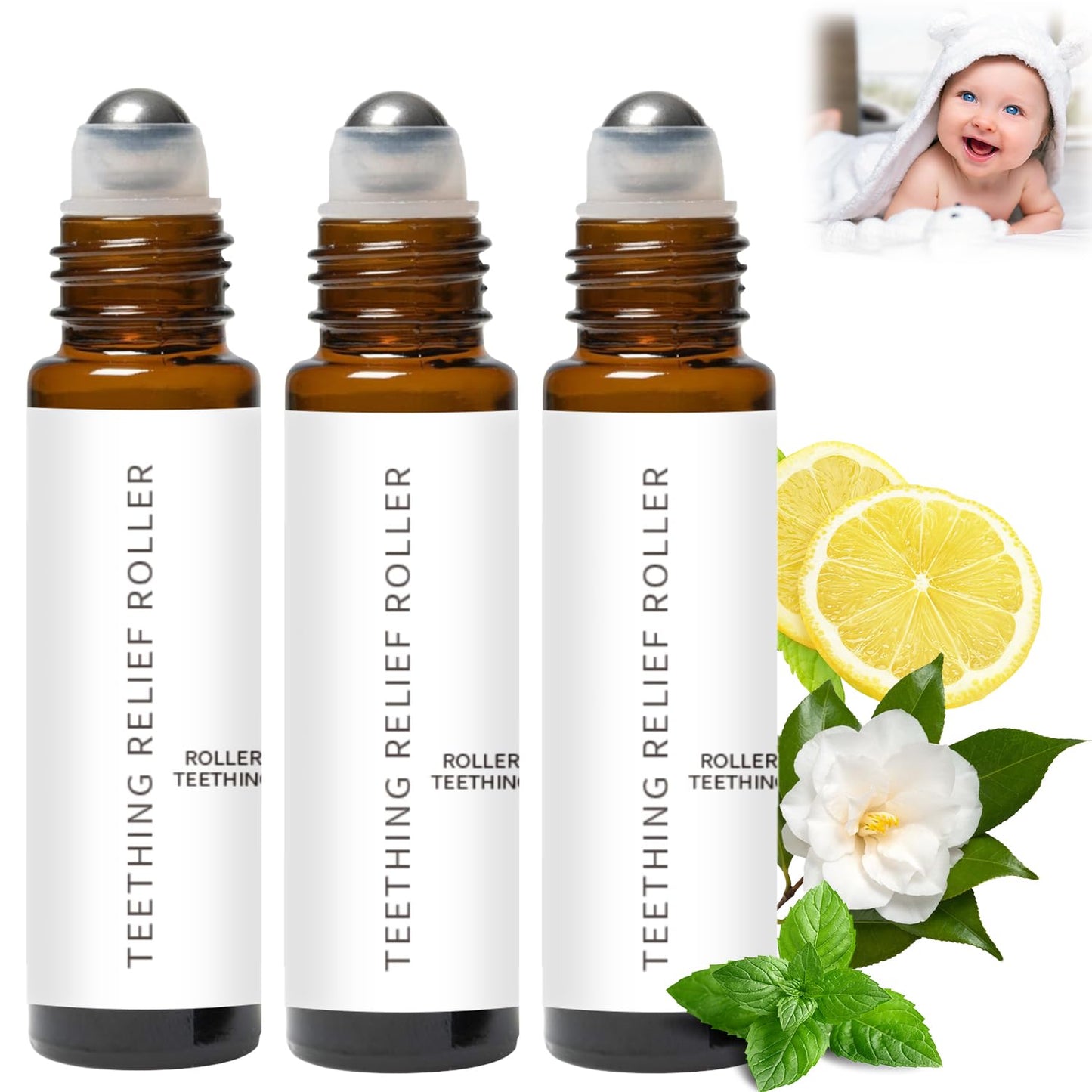 3Pcs Velaria Teething Roller – All Natural Baby Teething Oil with Chamomile & Rose