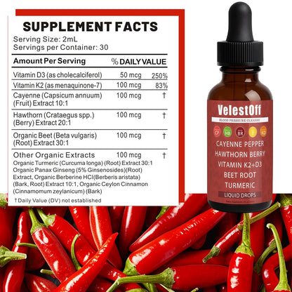 Velestoff Cayenne Pepper Drops – Organic Cayenne Pepper Liquid Supplement with Hawthorn, Beet Root, Turmeric, Vitamin K2+D3 & Berberine Extract | Improves Stamina & Boosts Energy