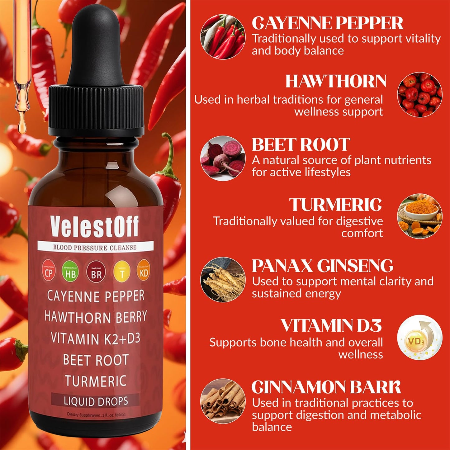 Velestoff Cayenne Pepper Drops – Organic Cayenne Pepper Liquid Supplement with Hawthorn, Beet Root, Turmeric, Vitamin K2+D3 & Berberine Extract | Improves Stamina & Boosts Energy