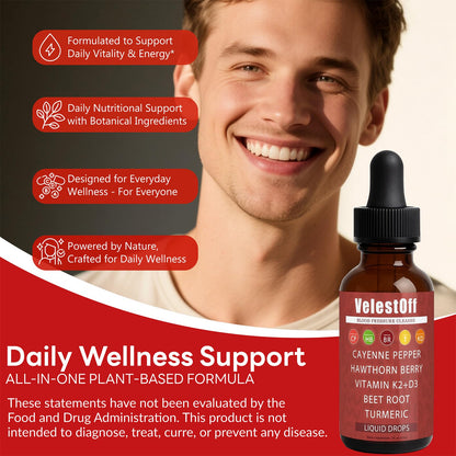 Velestoff Cayenne Pepper Drops – Organic Cayenne Pepper Liquid Supplement with Hawthorn, Beet Root, Turmeric, Vitamin K2+D3 & Berberine Extract | Improves Stamina & Boosts Energy