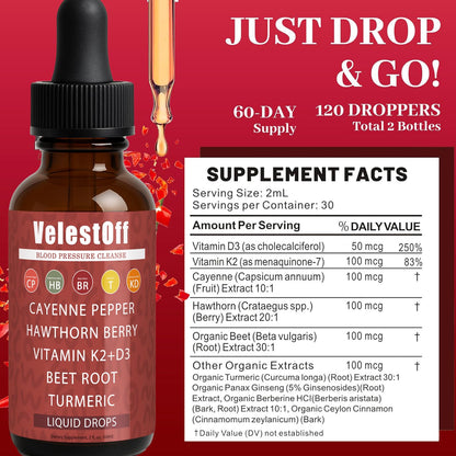 Velestoff Cayenne Pepper Drops - Liquid Supplement with Hawthorn, Beet Root, Turmeric, K2 D3