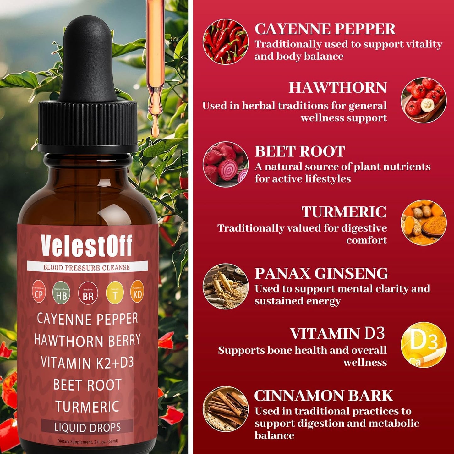 Velestoff Cayenne Pepper Drops - Liquid Supplement with Hawthorn, Beet Root, Turmeric, K2 D3