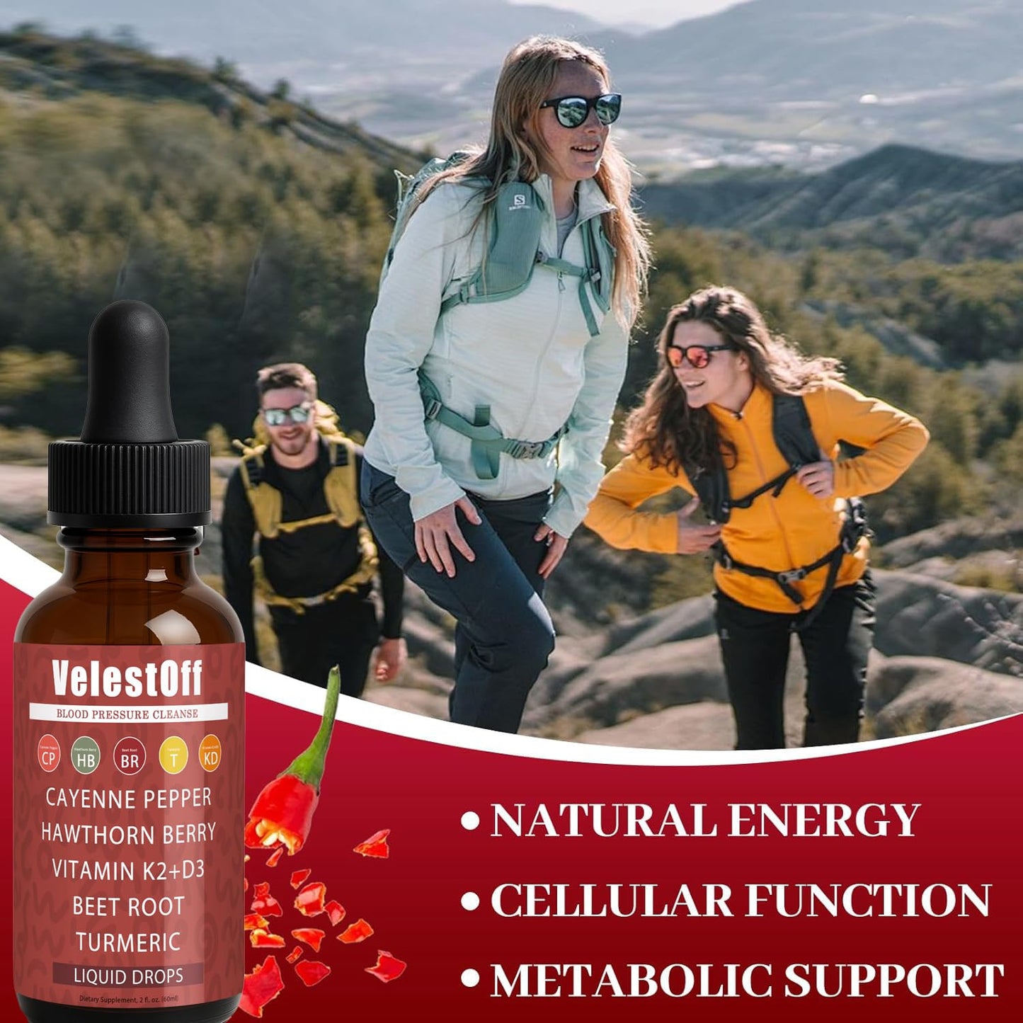 Velestoff Cayenne Pepper Drops - Liquid Supplement with Hawthorn, Beet Root, Turmeric, K2 D3