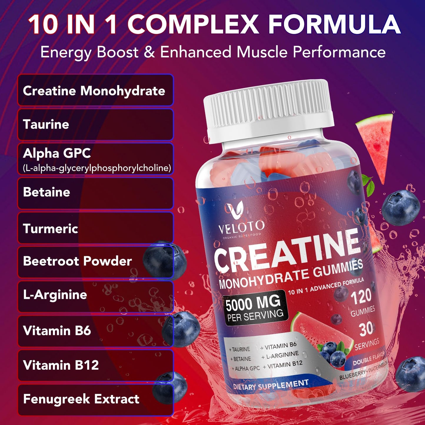 VELOTO Creatine Monohydrate Gummies 5g – 120 Count, 10-in-1 Pre-Workout