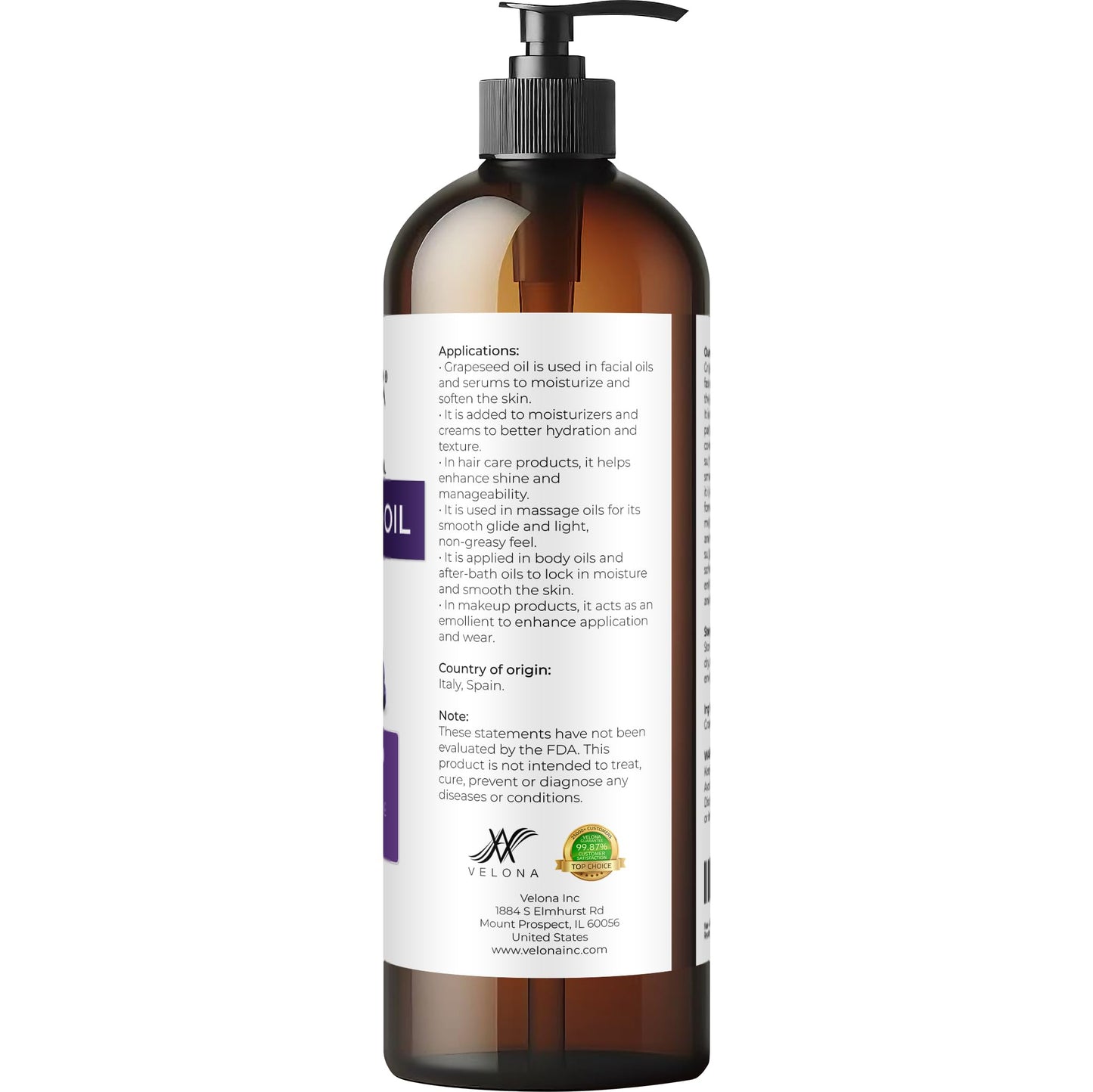 Velona Grapeseed Oil 16 oz - 100% Pure Carrier Oil (Refined)