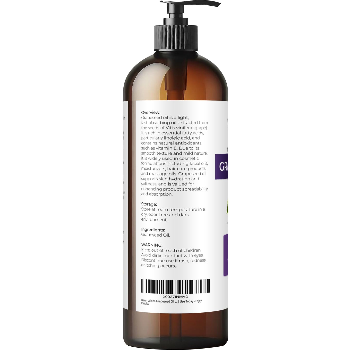 Velona Grapeseed Oil 16 oz - 100% Pure Carrier Oil (Refined)