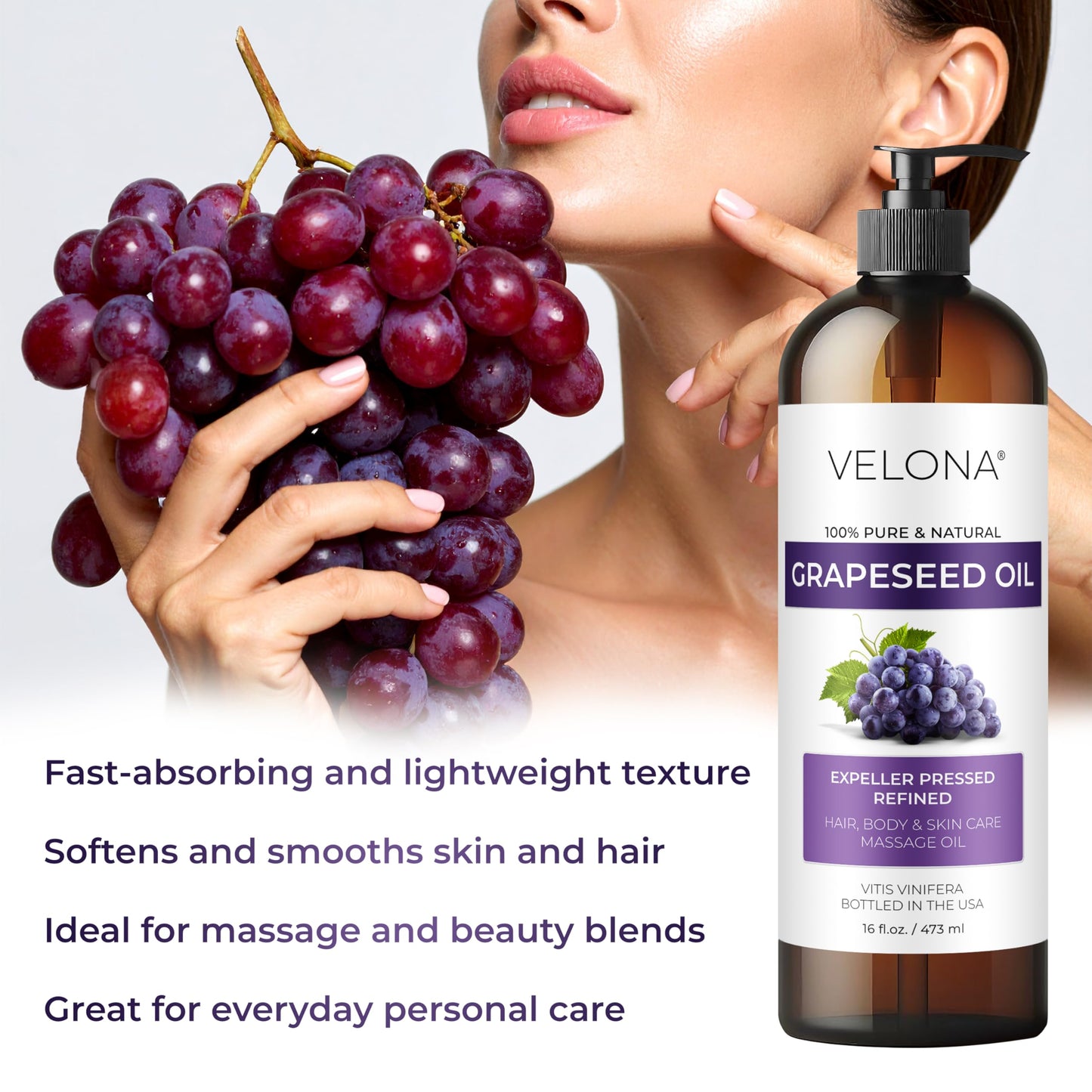 Velona Grapeseed Oil 16 oz - 100% Pure Carrier Oil (Refined)