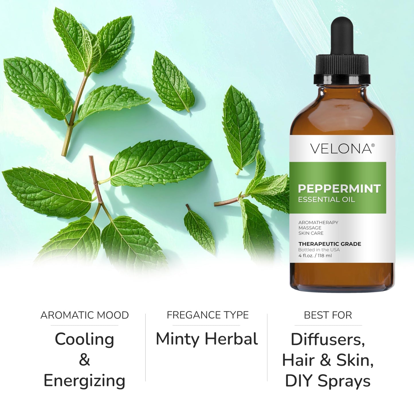Velona Peppermint Essential Oil 4 Fl Oz – Therapeutic Grade, Undiluted, for Aromatherapy, Massage, Skincare, Haircare, Soapmaking