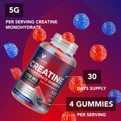 VELOTO Creatine Monohydrate Gummies 5g – 120 Count, 10-in-1 Pre-Workout