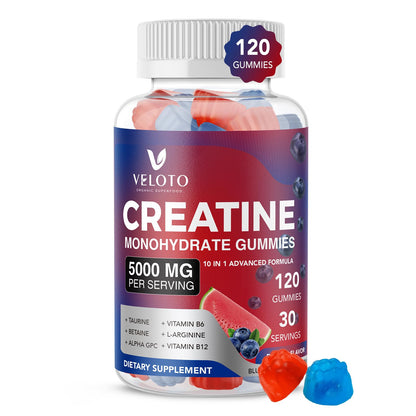 VELOTO Creatine Monohydrate Gummies 5g – 120 Count, 10-in-1 Pre-Workout