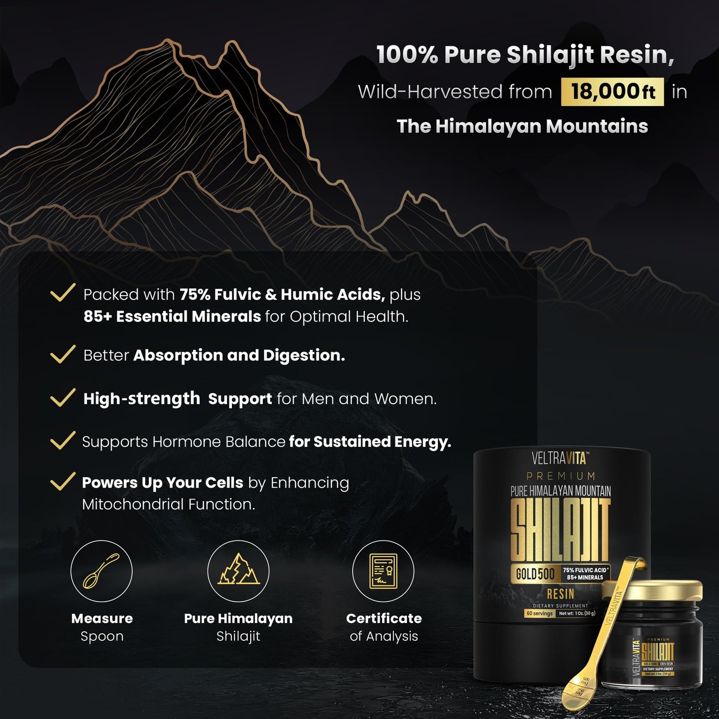 VELTRAVITA Himalayan Shilajit Resin Gold – High Potency, 85+ Trace Minerals, Lab Tested