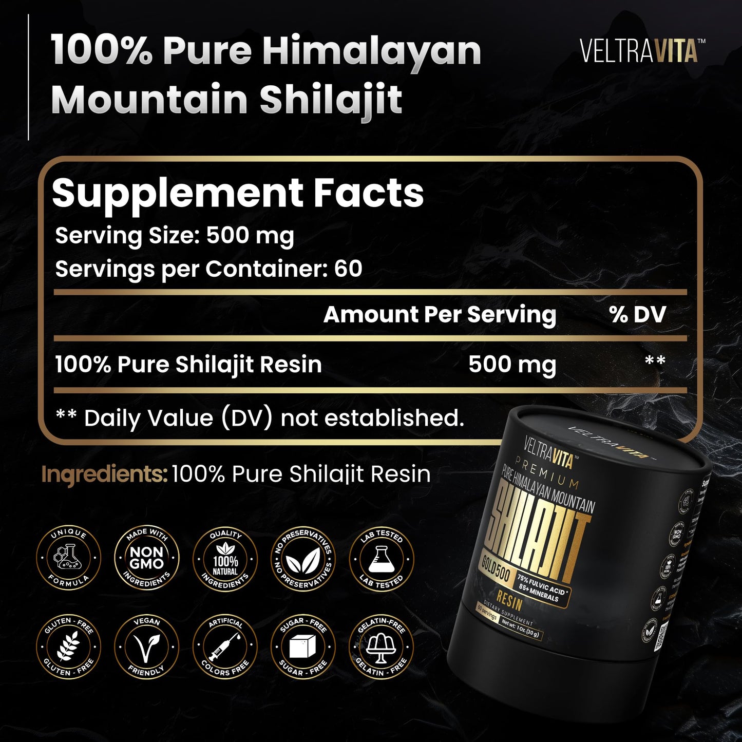 VELTRAVITA Himalayan Shilajit Resin Gold – High Potency, 85+ Trace Minerals, Lab Tested