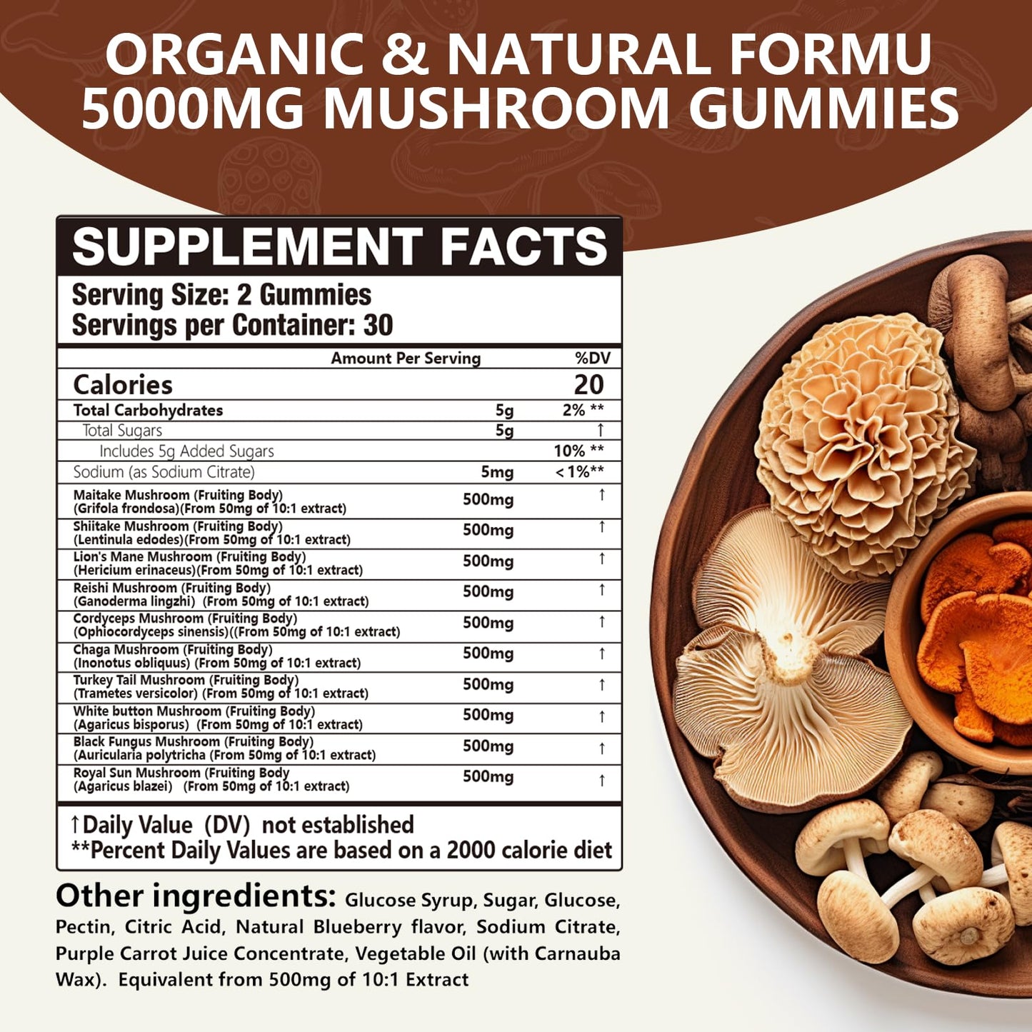 Vemluta 2 Packs 5000MG Mushroom Gummies – 10-Mushroom Blend with Lion's Mane & Reishi for Brain & Immune Support, Blueberry Flavor, Non-GMO, 120 Counts