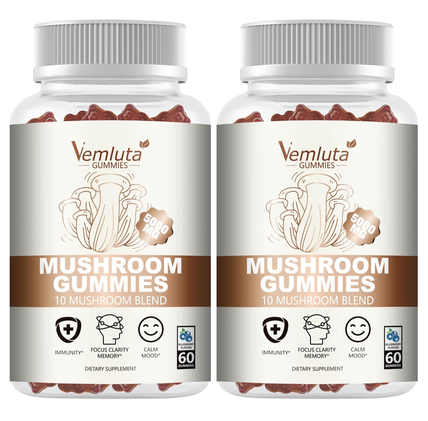 Vemluta 2 Packs 5000MG Mushroom Gummies – 10-Mushroom Blend with Lion's Mane & Reishi for Brain & Immune Support, Blueberry Flavor, Non-GMO, 120 Counts