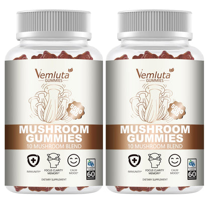 Vemluta 2 Packs 5000MG Mushroom Gummies – 10-Mushroom Blend with Lion's Mane & Reishi for Brain & Immune Support, Blueberry Flavor, Non-GMO, 120 Counts